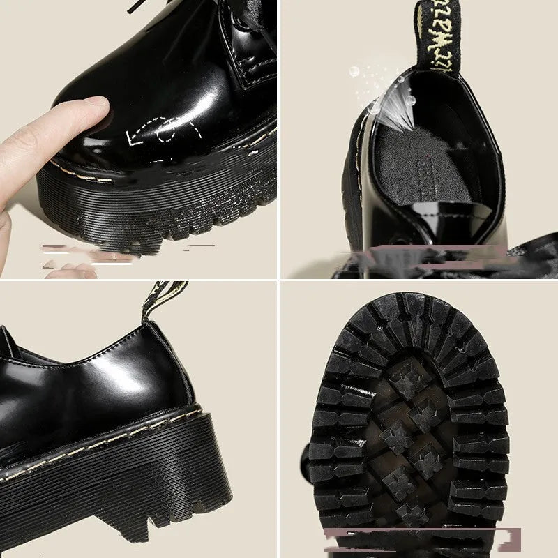 Women's thick soled leather shoes with ribbon and cross strap details in white or black
