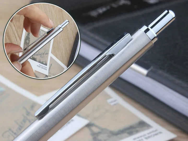 Metal automatic mechanical pencil showing barrel detail and lead size options from 0.5mm to 2.0mm