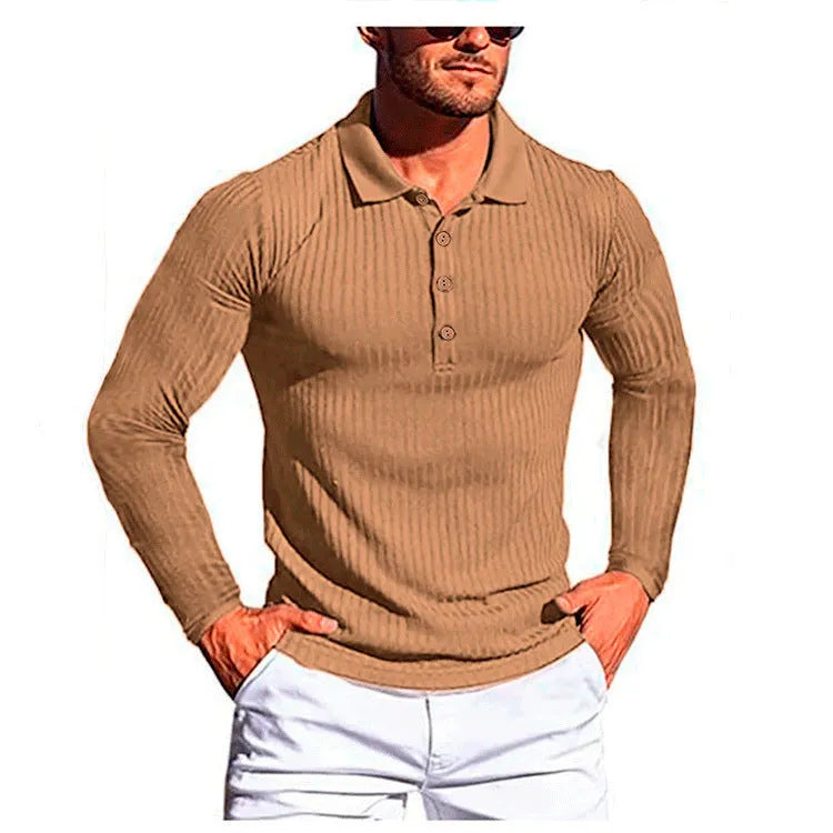 Men's striped summer shirt in elastic knit fabric showing loose fit and short sleeves