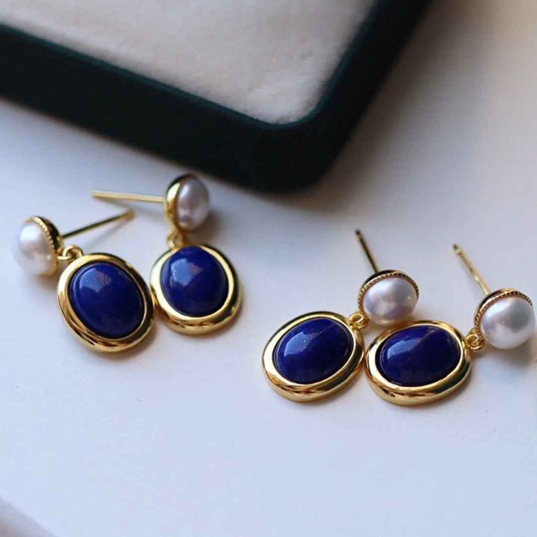 Blue lapis lazuli pearl earrings made from 925 silver with auspicious patterns