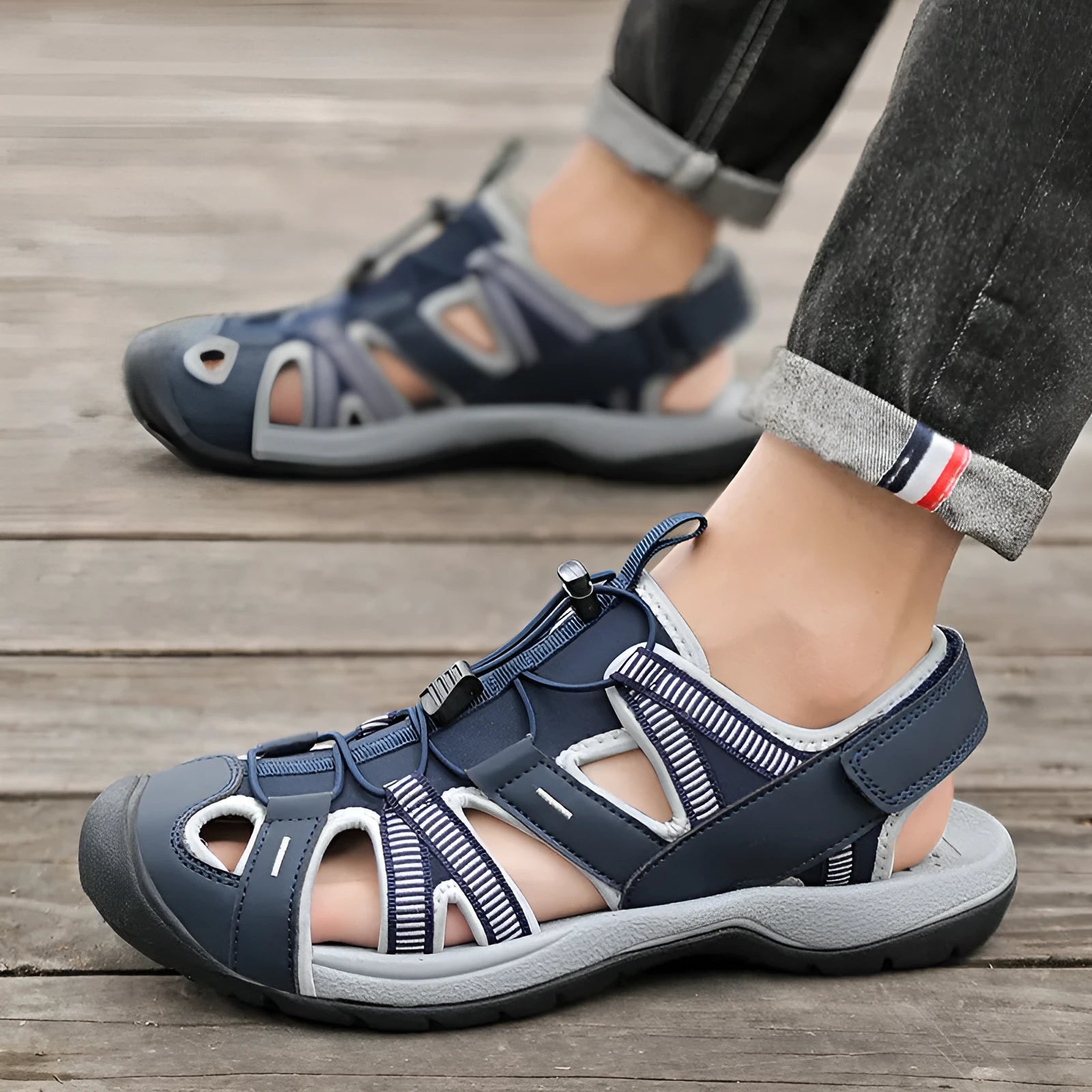 Men's blue mesh velcro sports shoe with rubber sole and toe holder design on a white background