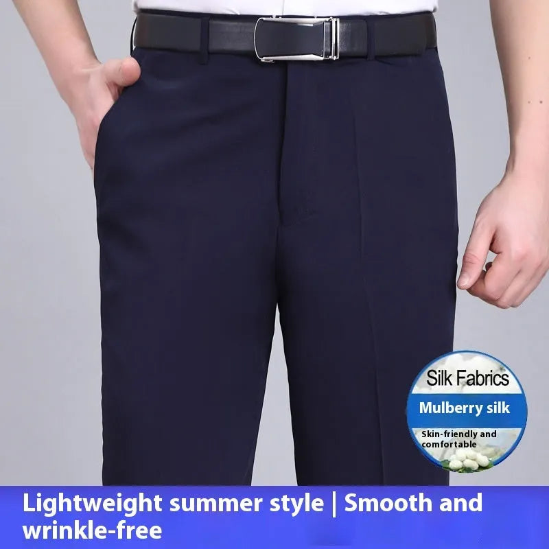 Men's straight-leg business trousers in mulberry silk blend fabric with high waist design