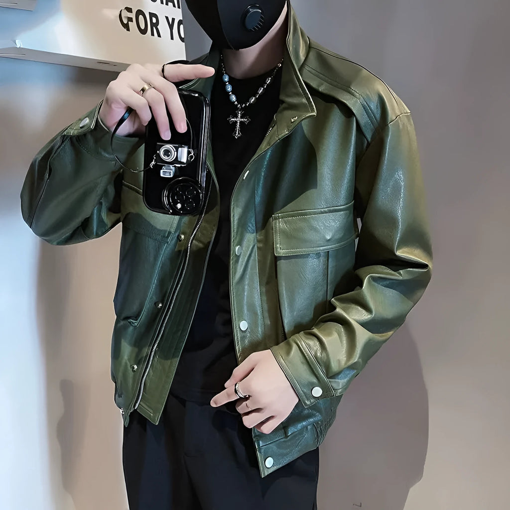 Men's black Korean-style PU leather jacket with straight hem and side pockets for spring and autumn wear