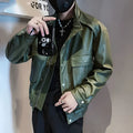 Men's black Korean-style PU leather jacket with straight hem and side pockets for spring and autumn wear