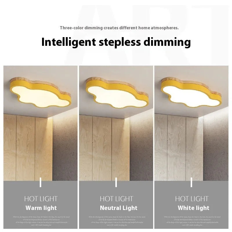 Modern cloud-shaped ceiling lamp with wood-effect finish in choice of colours, mounted on a white ceiling.