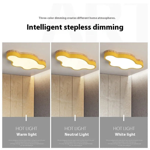 Modern cloud-shaped ceiling lamp with wood-effect finish in choice of colours, mounted on a white ceiling.