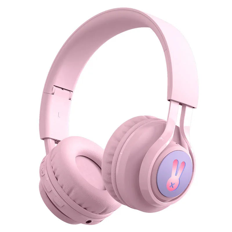 Wireless children's headphones with RGB LED lights in bunny pink colour