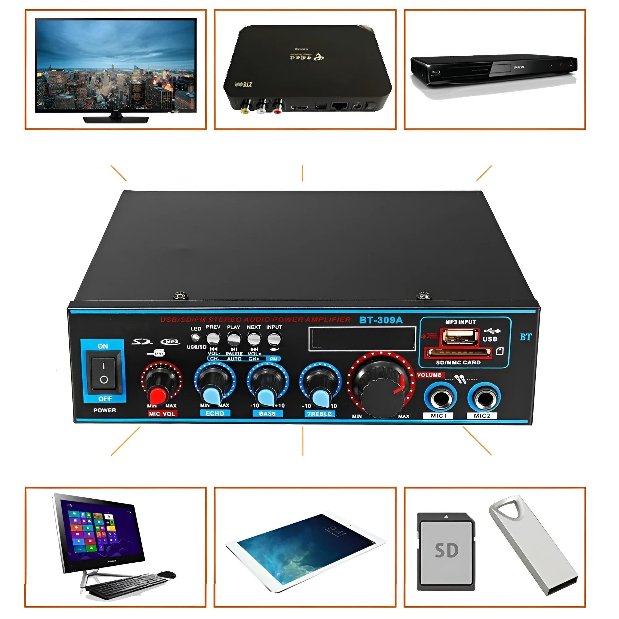 Black Bluetooth power amplifier with recording function for home and car audio systems