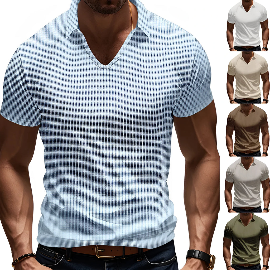 Men's loose fit V-neck short sleeve T-shirt in cotton blend fabric showing colour options