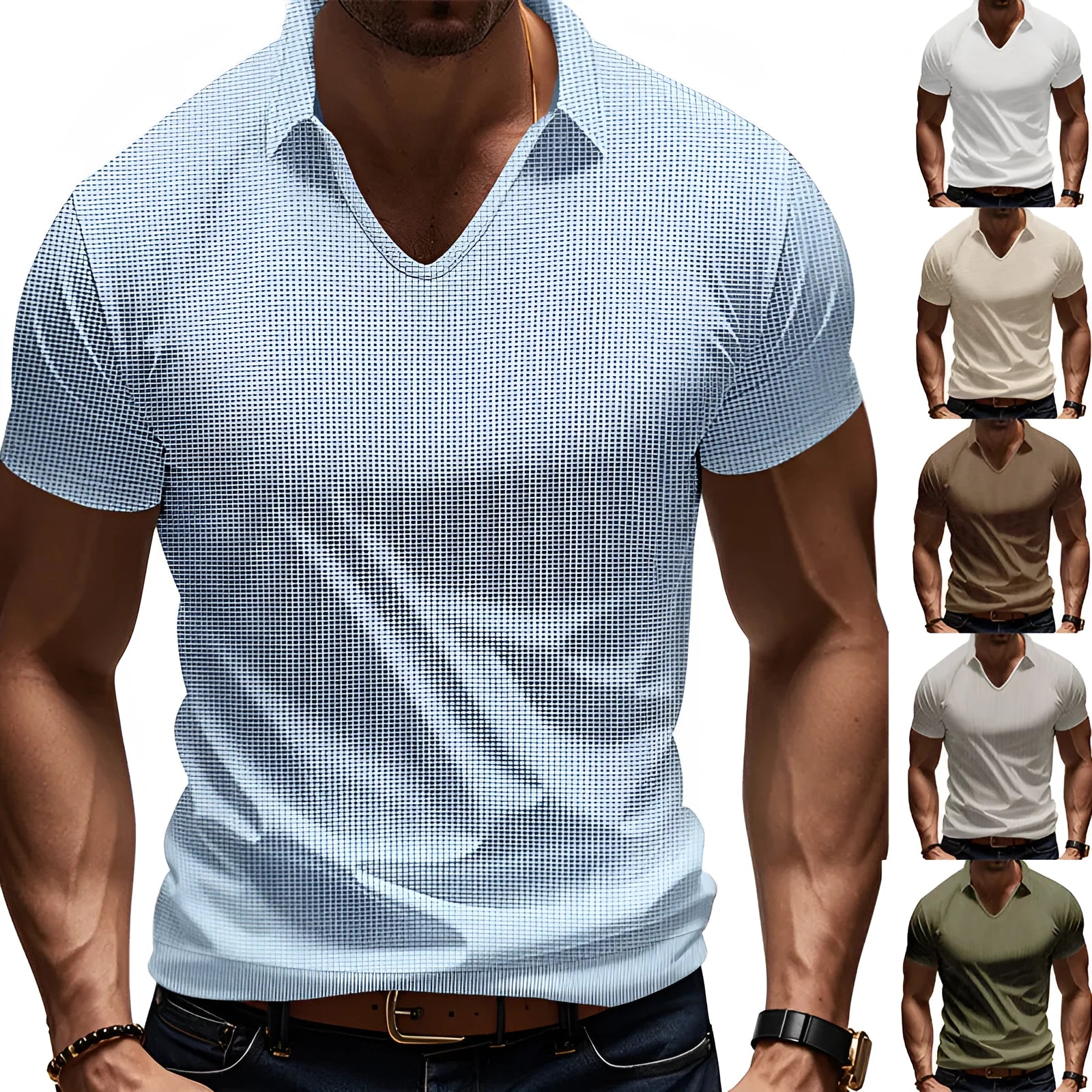 Men's loose fit V-neck short sleeve T-shirt in cotton blend fabric showing colour options