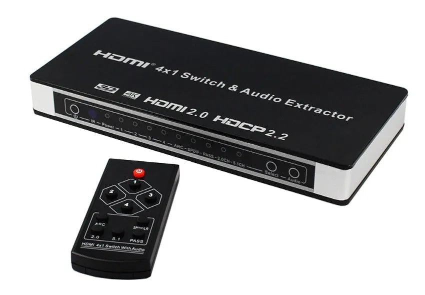 Black 4 input 1 output HDMI audio video switch with remote control on a table