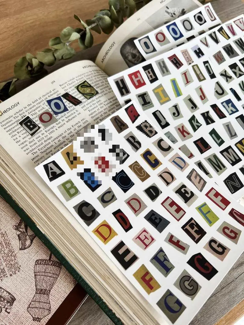 English letters and numbers label sticker set showing alphabet collections and week words in cute printed style