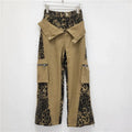 Retro high waist straight-leg jeans with leopard print pattern and tooling style design