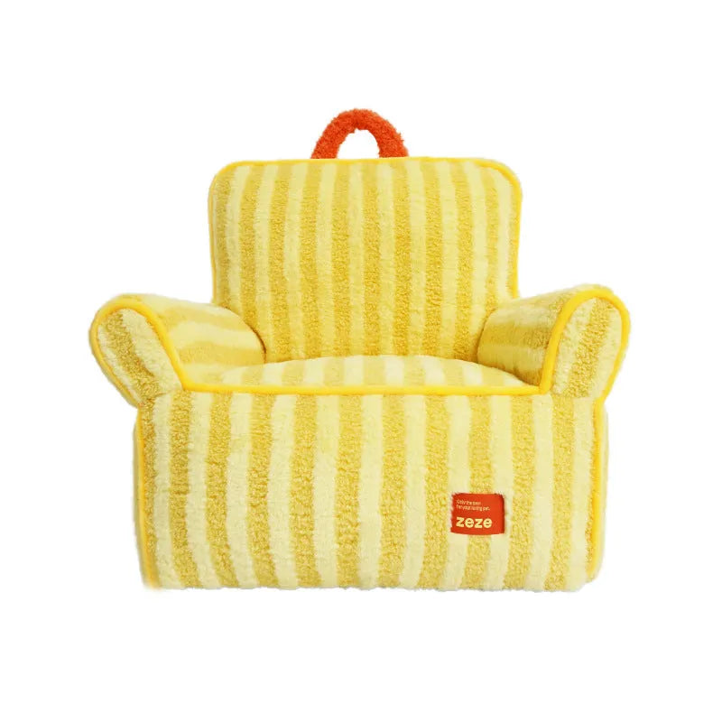 Striped soft velvet dog bed with removable cover in orange, purple, and yellow colour options