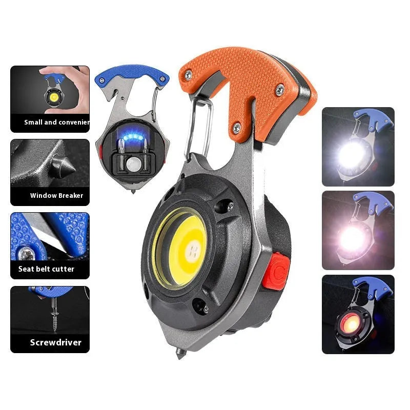 Multifunctional portable keychain light with window breaker and screwdriver, showing charging port and smart display.