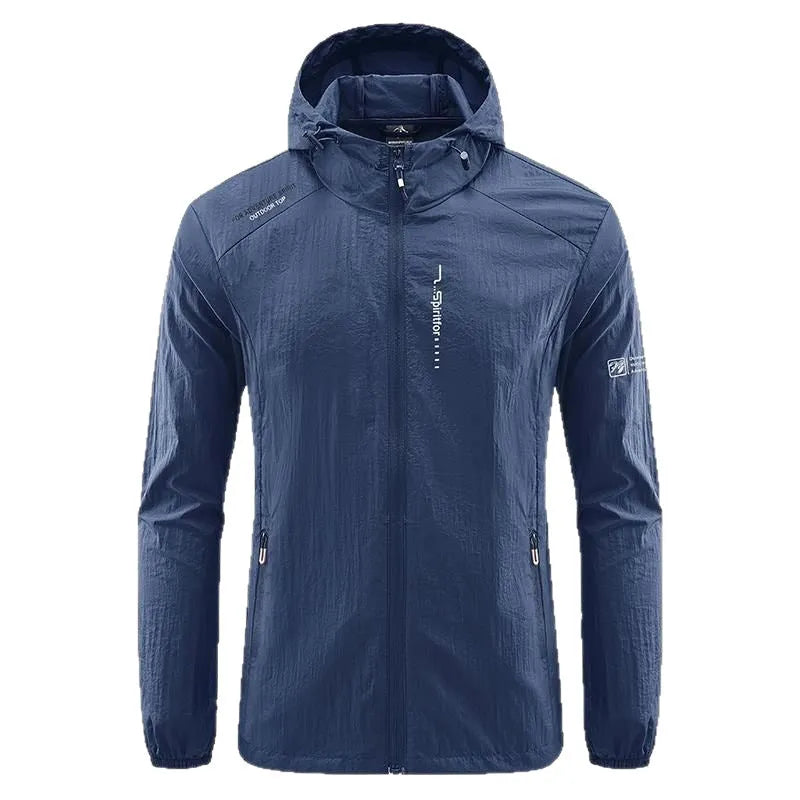 Men's lightweight nylon hooded summer jacket in loose fit, shown in a neutral colour.