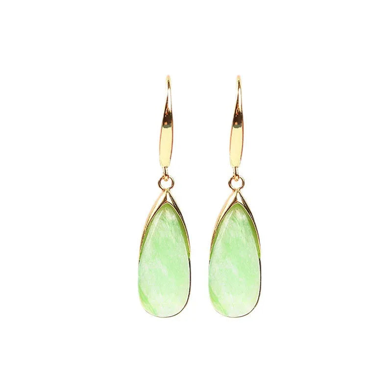 Retro Chinese style geometric earrings with jade colour finish and water droplet elements