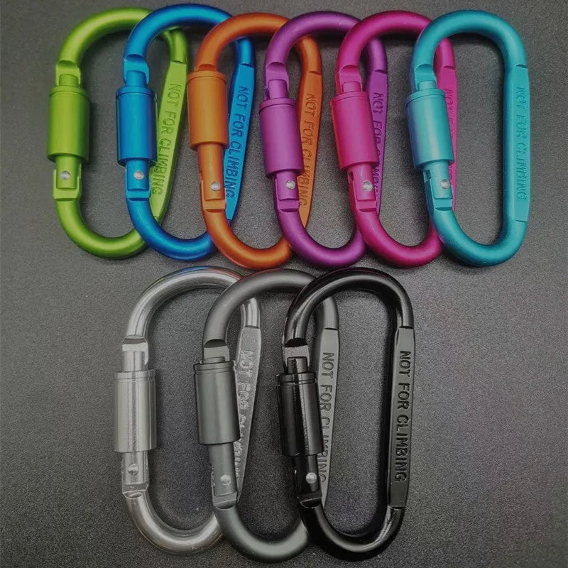 Aluminium D-type locking carabiner with 8cm flat profile in bright colour options