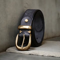 Men's casual jeans belt in cattlehide leather with copper pin buckle in black, brown, or khaki.