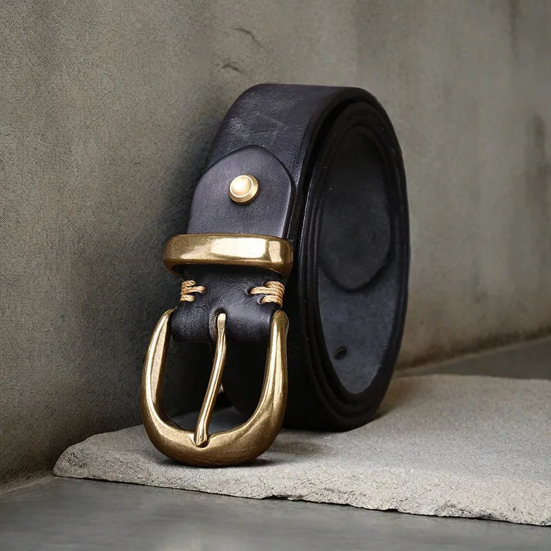 Men's casual jeans belt in cattlehide leather with copper pin buckle in black, brown, or khaki.