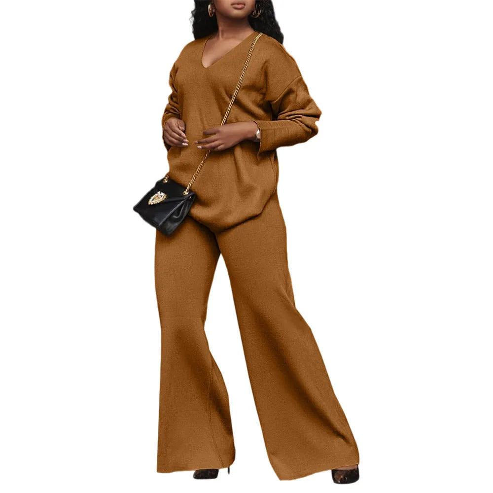 Women's brown thickened velvet two-piece suit with split sleeve top and matching trousers in Japanese Korean casual style