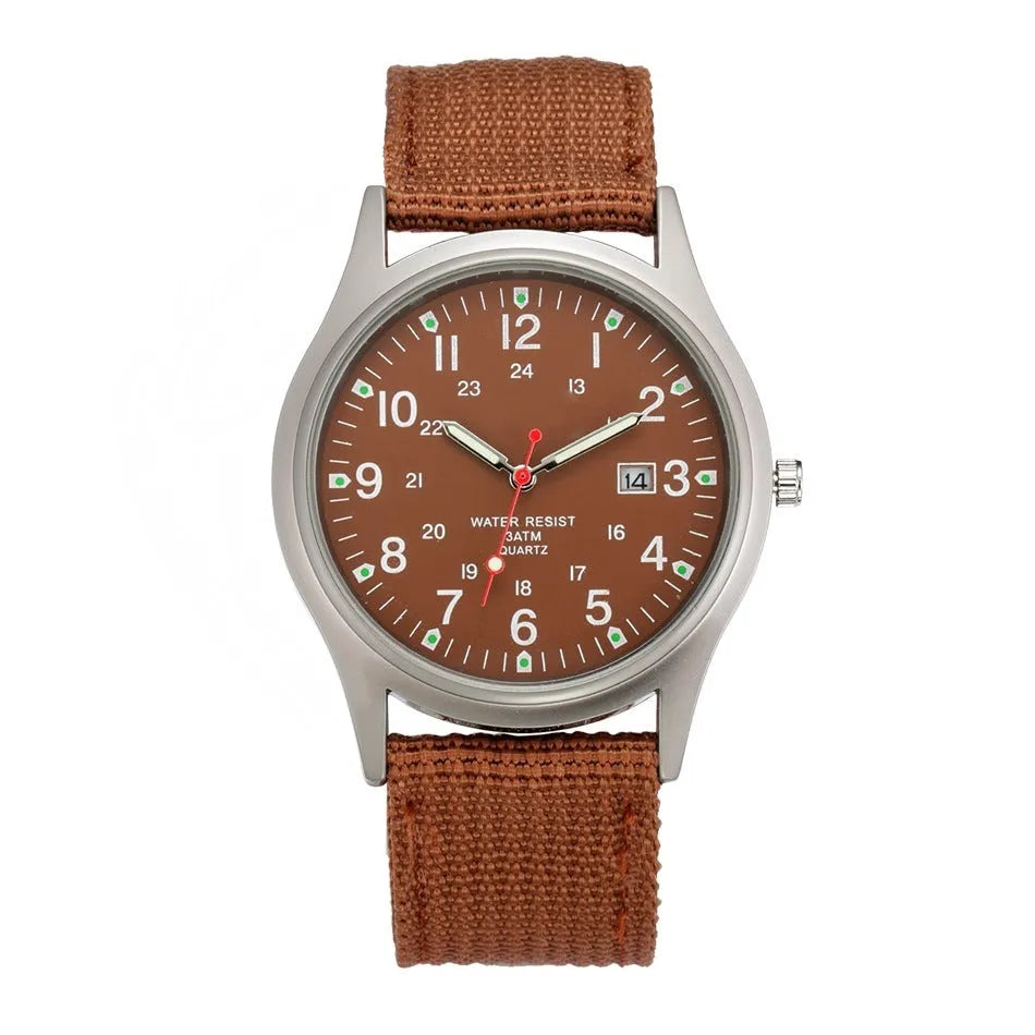 Men's military-style fabric band watch with calendar display and black face