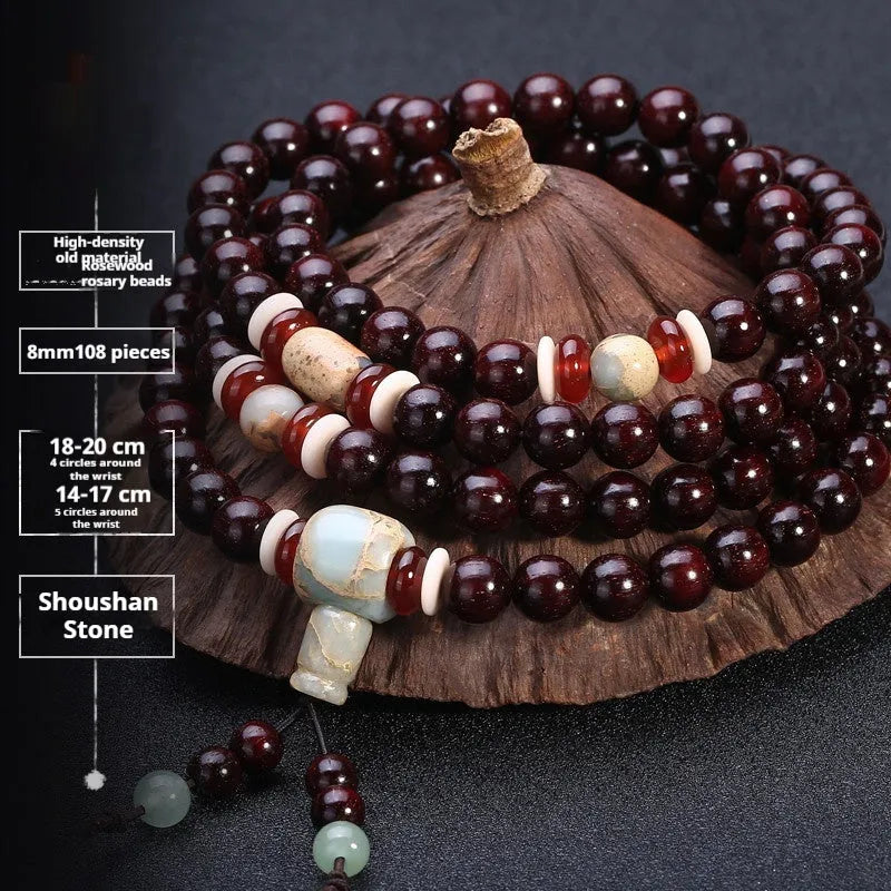 Men's rosewood bracelet with 108 beads showing lapis lazuli stone design option