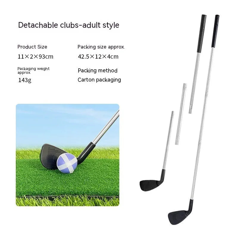 Metal golf training club set showing adult and children's versions for outdoor practice
