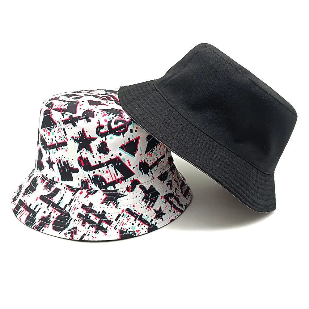 Retro bucket hat with white musical note print on a dark background, showing dome crown.