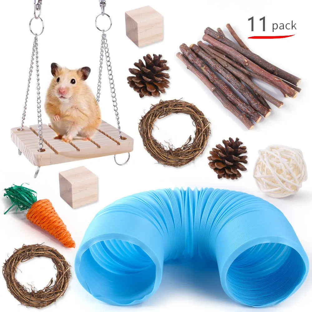 Natural wooden chewing toy set for small animals including straw mats, woven balls and plant-based components