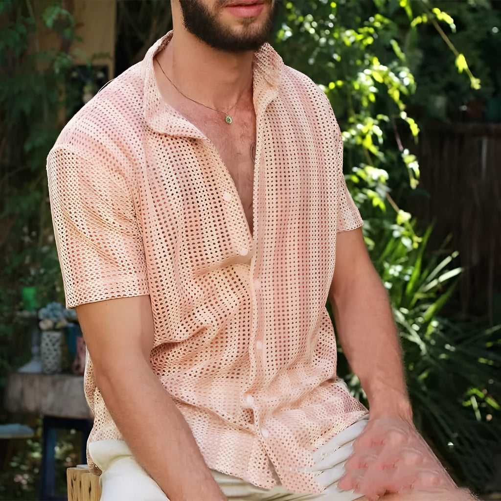 Pink men's loose cardigan shirt with waffle texture and short sleeves on a hanger