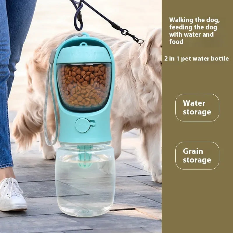 Portable blue dog water bottle with integrated drinking bowl showing split water grain design