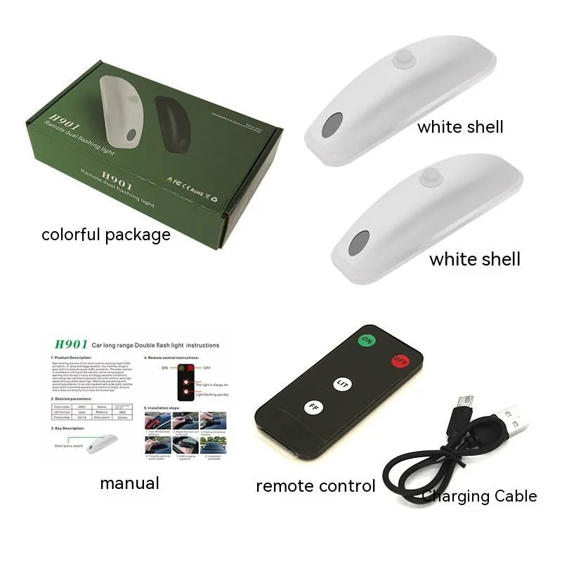 Black or white car strobe light with remote control for adverse weather visibility.