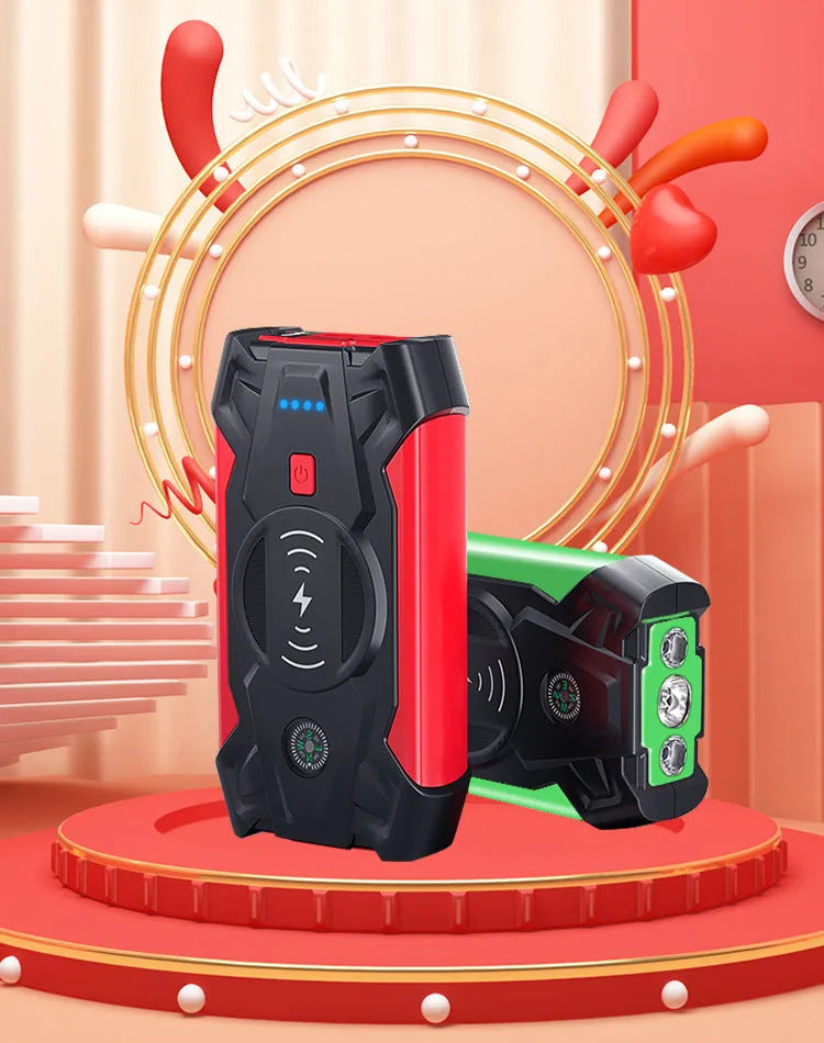 Red car jump starter with digital display and air pump accessory for 12V battery emergency starting