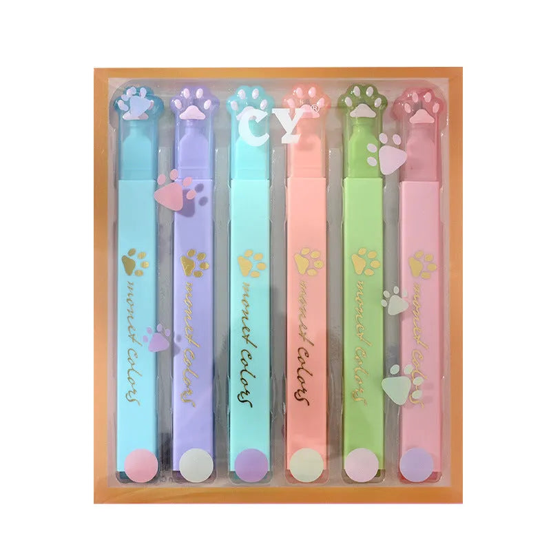 Box of six cat's paw shaped fluorescent marking pens in assorted colours with oblique nibs.