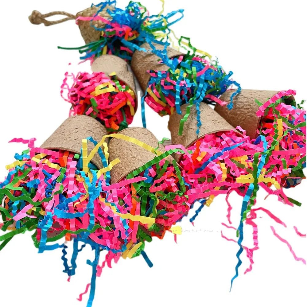 Parrot gnawing toy made from woven palm paper cup material, hanging at 38cm.