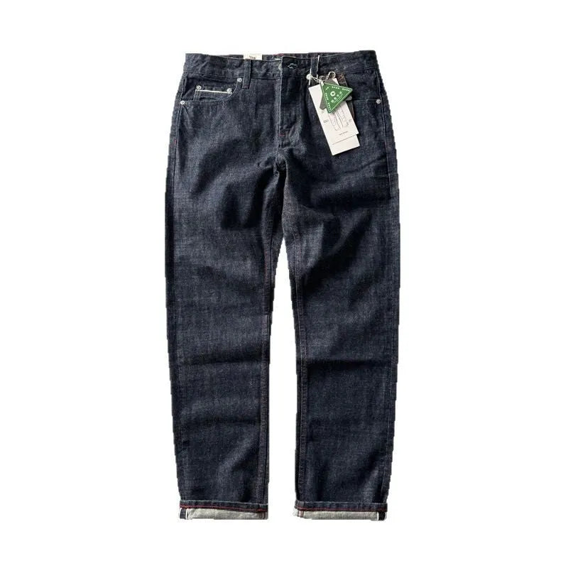 Men's primary colour straight-leg denim jeans with a mid-waist, shown on a size chart.