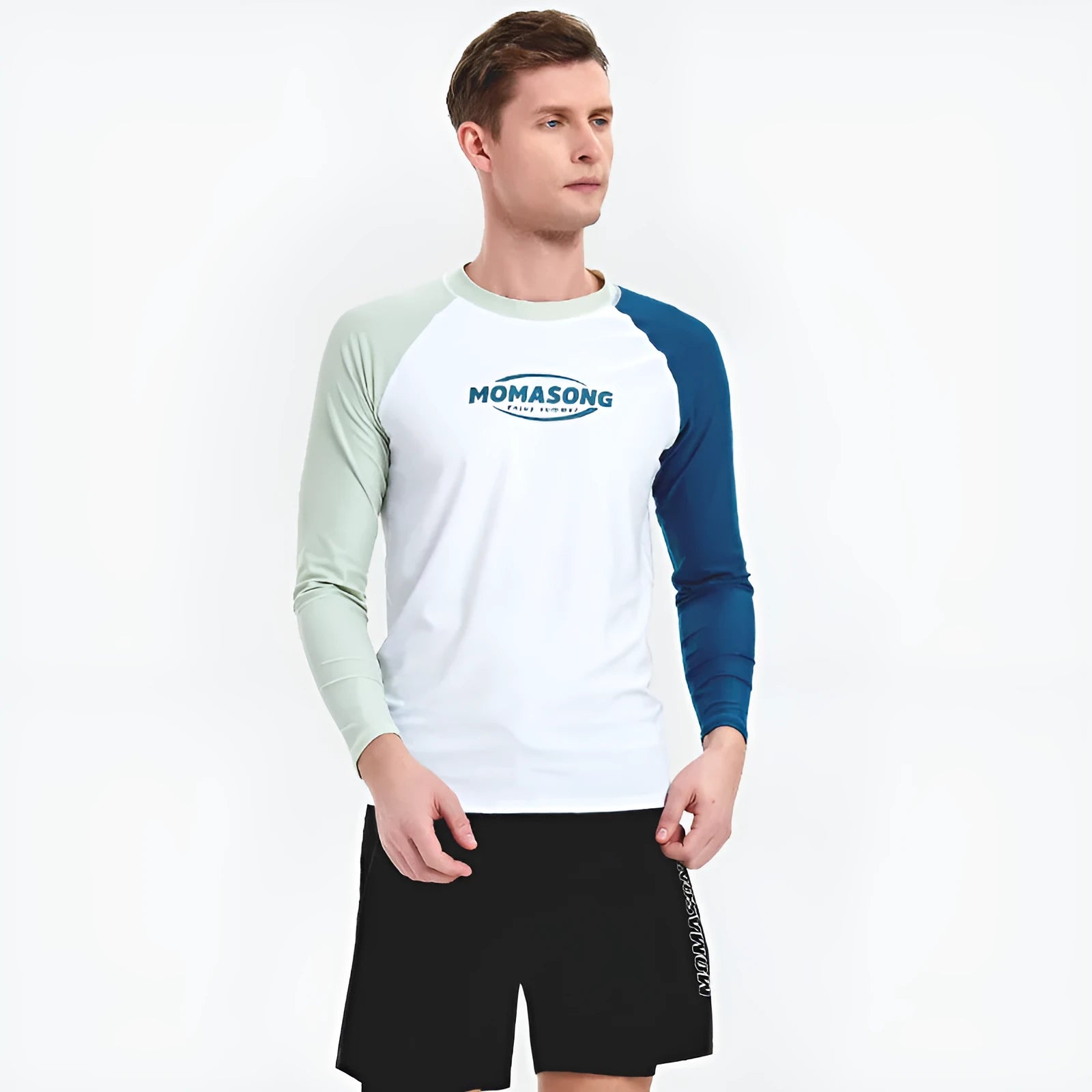 Men's white long-sleeved swim top with matching blue swimming trunks for beach sports.