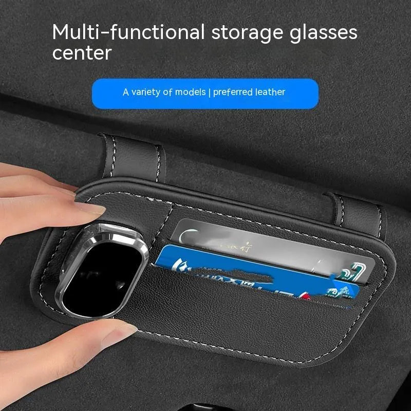 Cowhide leather automotive sun visor card holder with glasses clip in multiple colour options