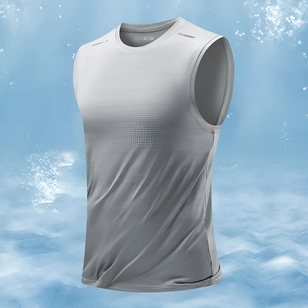 A man's loose-fit sleeveless vest in a solid colour, showing the straight hem and casual style.