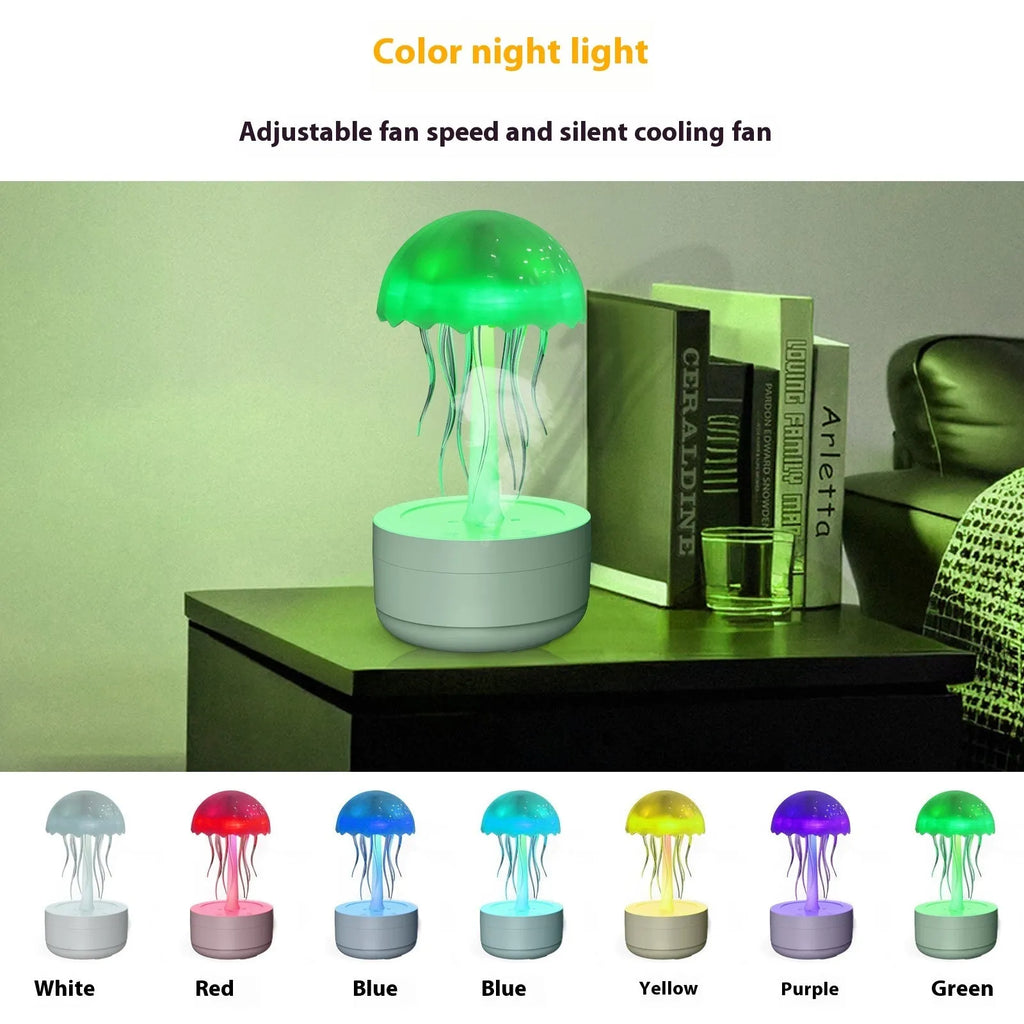 White jellyfish humidifier diffuser with colourful night light on desktop