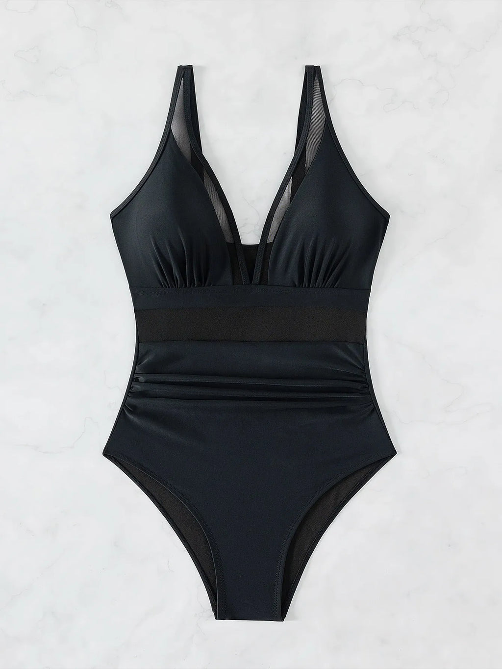 Black mesh halter one-piece swimsuit for women with brief style cut