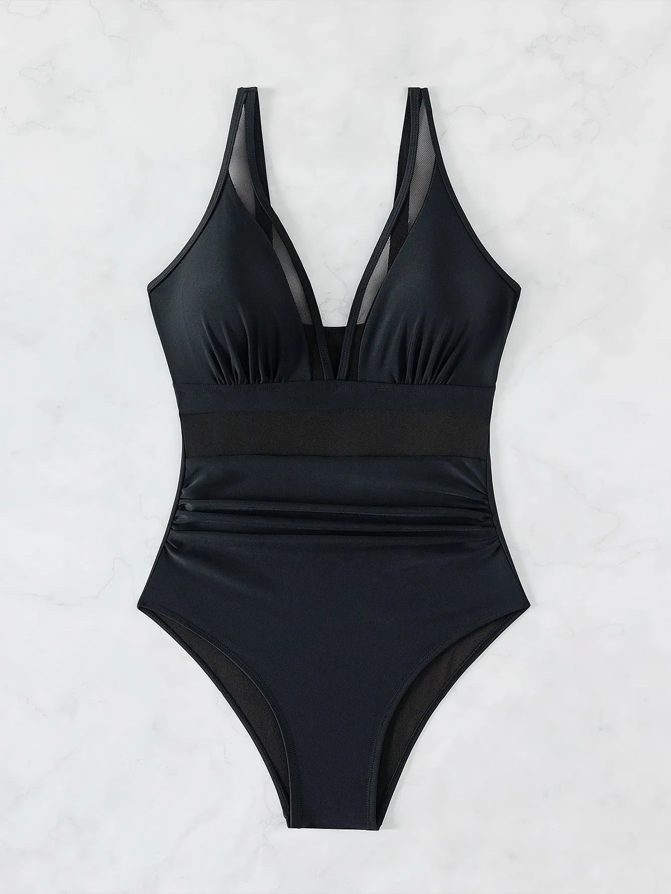 Black mesh halter one-piece swimsuit for women with brief style cut