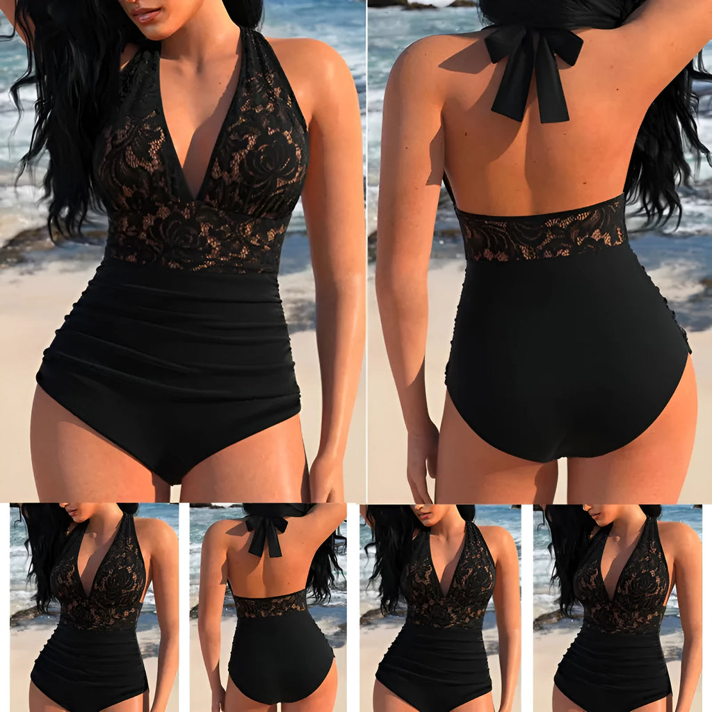Sexy patchwork backless tight-fitting cinched belly covering one-piece swimsuit in black polyester