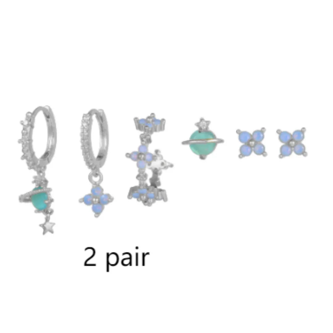 Gold and silver flower stud earrings with blue zircon mosaic accents in Japanese Korean style