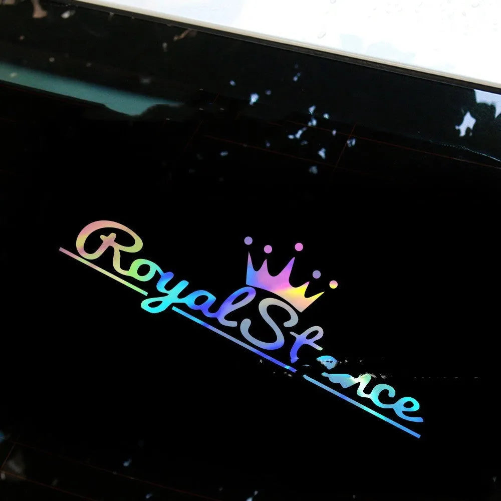 Reflective crown-shaped car sticker on vinyl sheet showing black, white, and colour options.