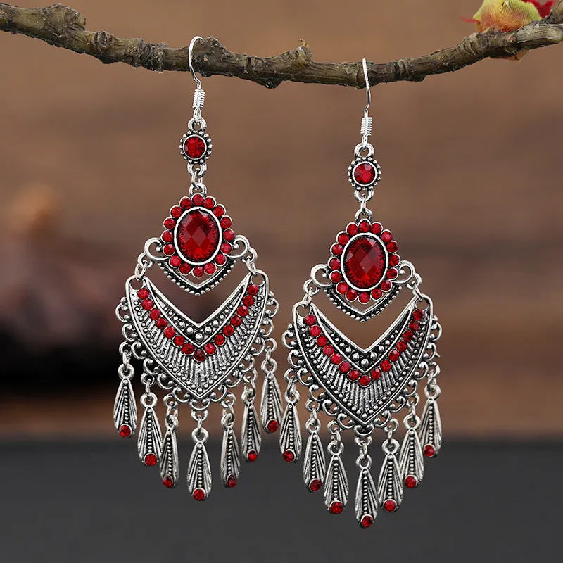 Purple retro drop earrings with long crystal fringe ethnic style jewellery