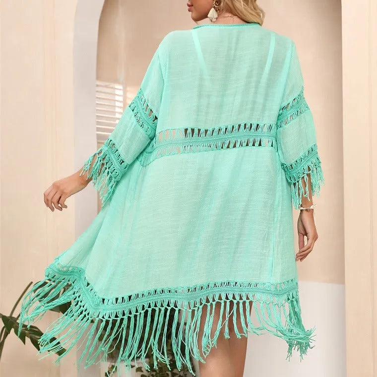 Hand-crocheted acrylic cardigan with tassels in yellow, water green or white for beach cover-up