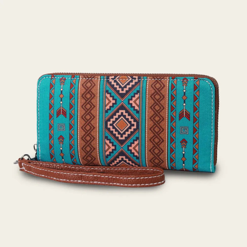 Bohemian stripe pattern RFID wallet with canvas construction showing interior polyester lining