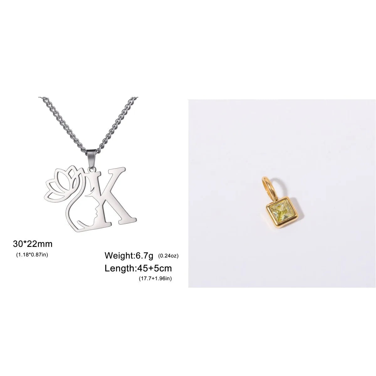 Stainless steel necklace with cross chain design and initial pendant in gold or silver finish